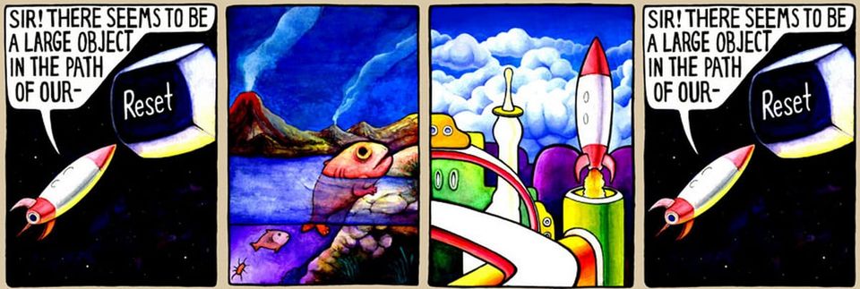 Comic where a rocket hits Reset, evolution replays from fish to a rocket city and the pilot again warns of a large object