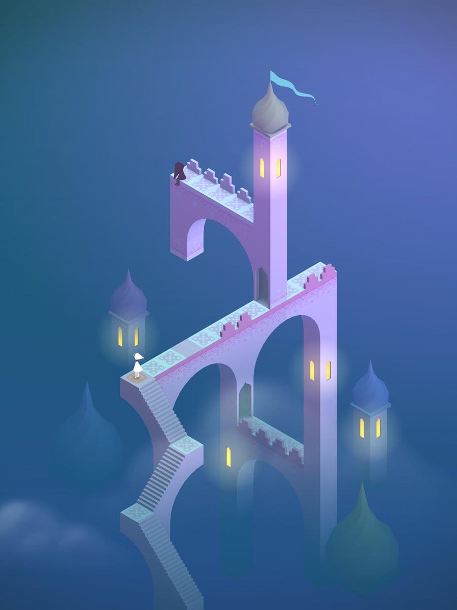 Monument Valley scene of a purple impossible castle with stairs, arches and domed towers on a blue background