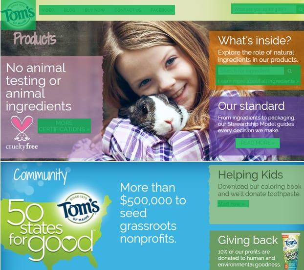 Tom's of Maine homepage with clickable elements highlighted in green, including nav links and More buttons