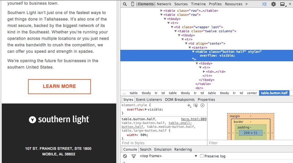 Chrome DevTools applying overflow visible to a button table in a Southern Light email, restoring its border