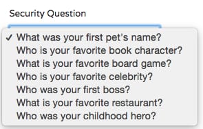 Security question dropdown with options like first pet's name, favorite board game and favorite celebrity