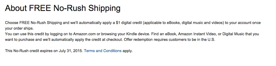 Amazon page About FREE No-Rush Shipping offering a $1 digital credit for choosing slower shipping