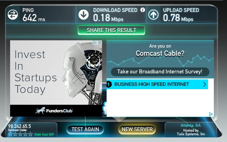 Speedtest result showing 642 ms ping, 0.18 Mbps download and 0.78 Mbps upload on Comcast Cable in Atlanta