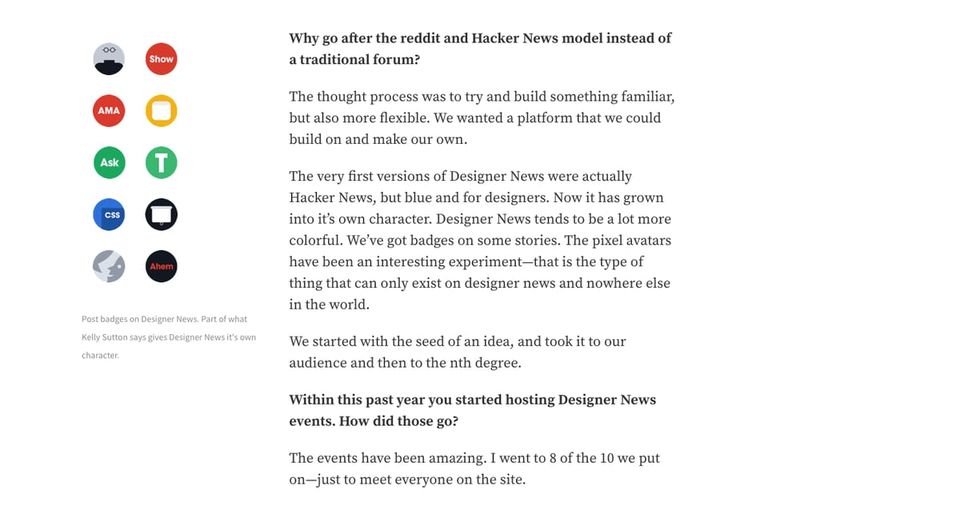 Serif interview text asking why Designer News followed the reddit and Hacker News model, beside colorful post badges