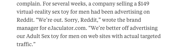 Bloomberg excerpt quoting a sex toy brand manager saying We're out. Sorry, Reddit