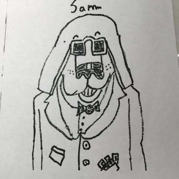 Child's ink drawing of a dog-like character labeled Sam with square glasses, buck teeth, a bow tie and jacket