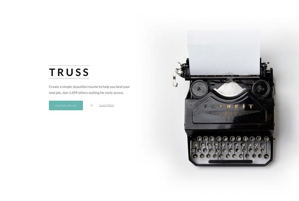 Truss landing page reading Create a simple, beautiful resume beside a black typewriter