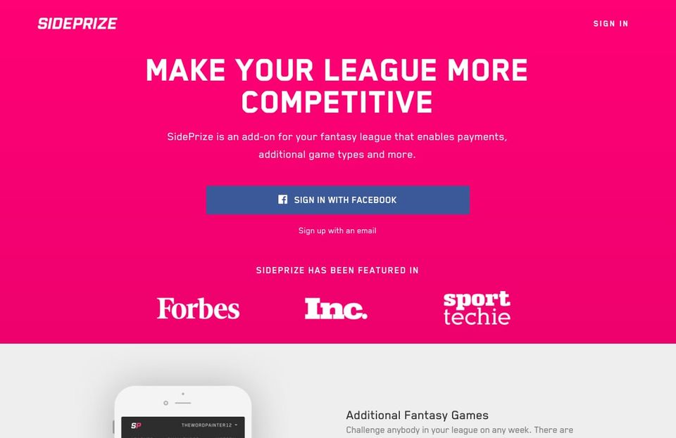 Hot pink SidePrize homepage reading Make Your League More Competitive with a Facebook sign-in button and press logos
