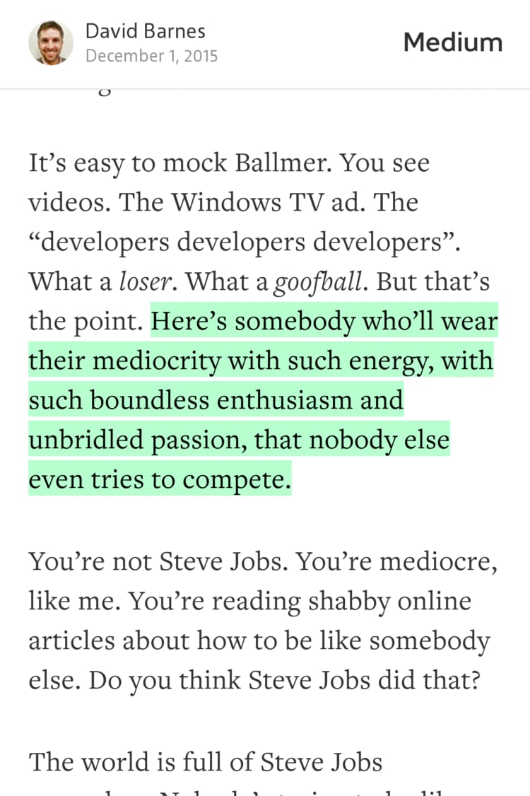 Medium article by David Barnes with a highlighted line about Ballmer wearing his mediocrity with boundless enthusiasm