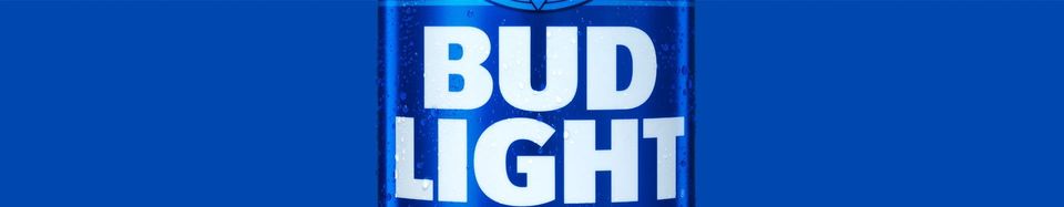 Close-up of a blue Bud Light can with large white condensed letters and water droplets