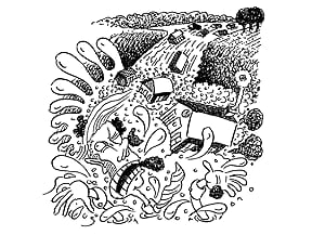 Pen-and-ink cartoon of a flood wave sweeping houses and cars down a hillside