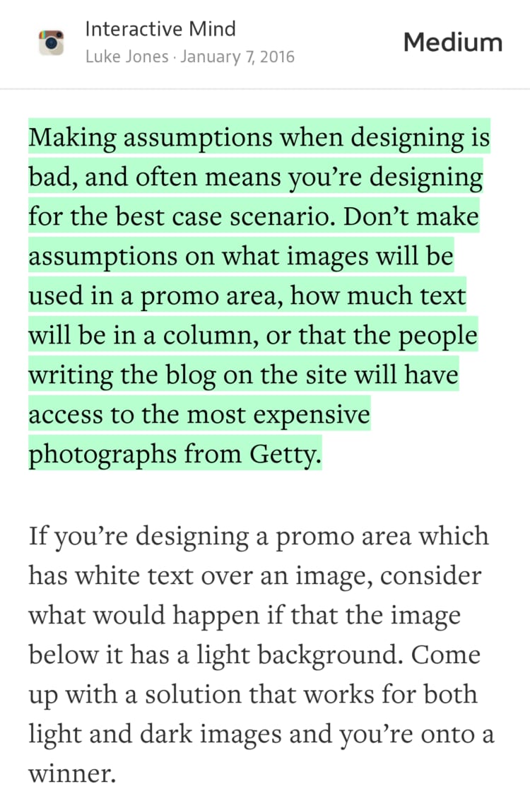 Highlighted Medium passage by Luke Jones saying making assumptions when designing means designing for the best case scenario