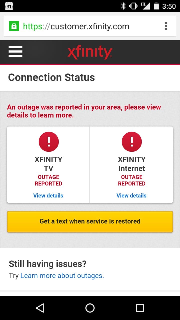 Xfinity Connection Status page reporting TV and internet outages in the area