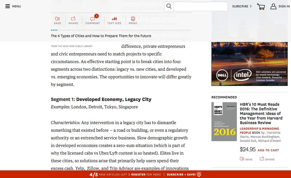 HBR article page with a large fixed toolbar on top and a red subscribe bar at the bottom squeezing the text