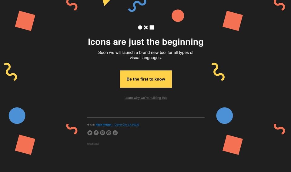 Dark Noun Project email reading Icons are just the beginning with a yellow Be the first to know button and colorful shapes