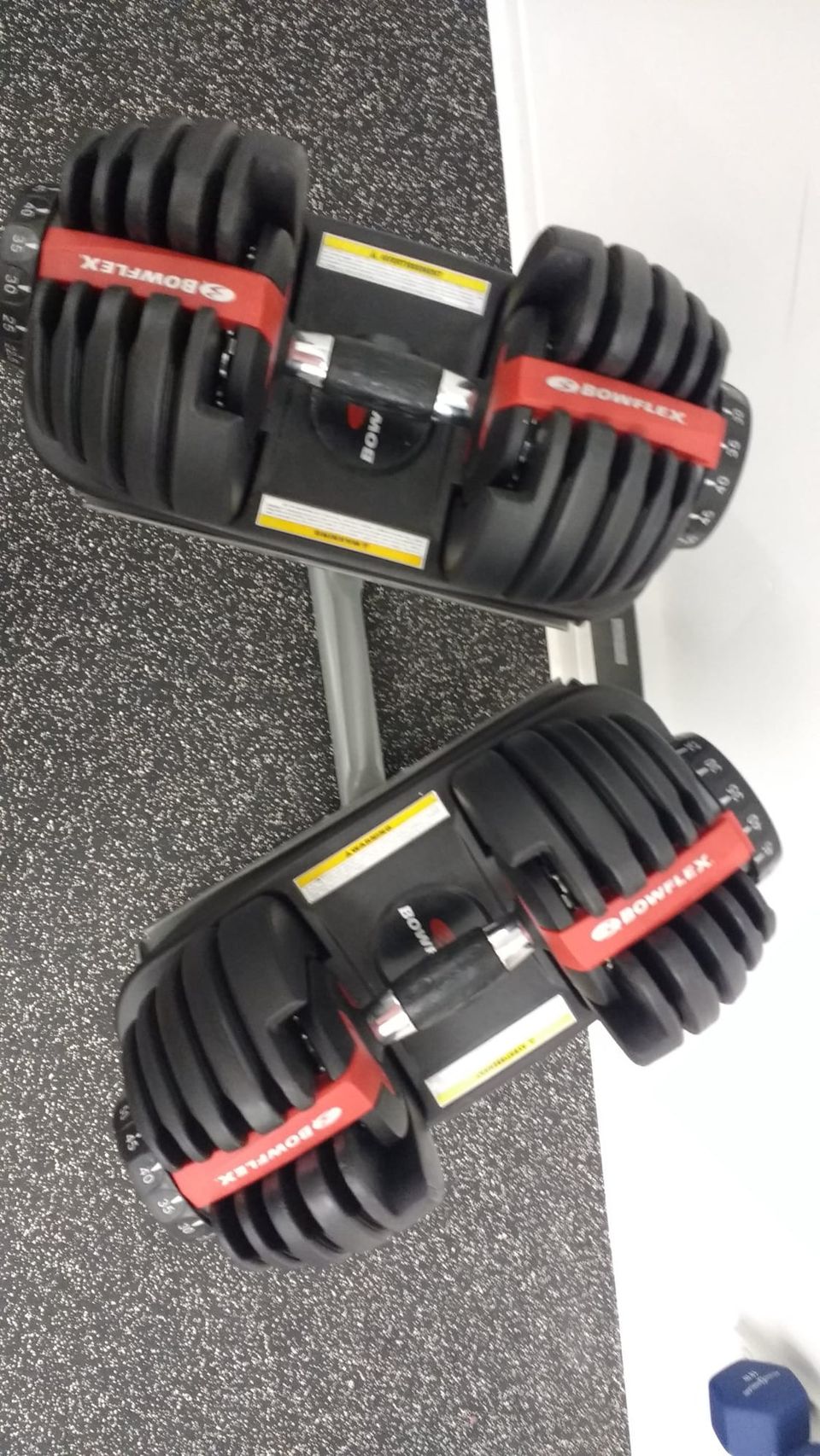 Two black and red Bowflex adjustable dumbbells resting in their cradles on a speckled gym floor