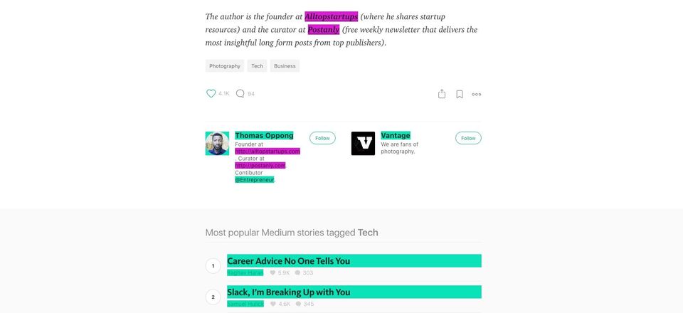 Medium article footer with links highlighted pink and teal to show nofollow status, including Thomas Oppong's author bio