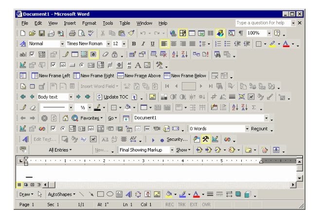 Microsoft Word window stacked with a dozen rows of toolbars leaving only a sliver of space for the document
