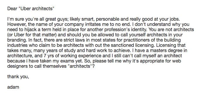 Email to "Uber architects" from adam asking why web designers should be allowed to call themselves architects
