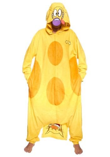 Person in a yellow CatDog onesie with orange spots and cartoon faces on the hood and feet
