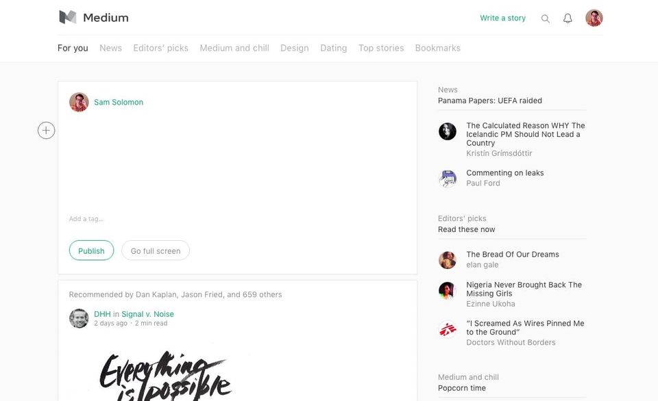 Medium homepage with a compose box for Sam Solomon, a recommended DHH post and a sidebar of news and editors' picks