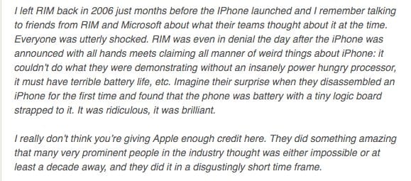 Comment text from a former RIM employee recalling how shocked RIM was that the iPhone was mostly battery with a tiny logic board