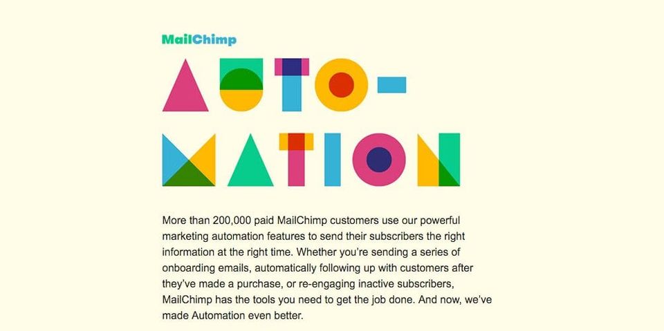 MailChimp email with Automation spelled in colorful geometric letters above text about marketing automation features