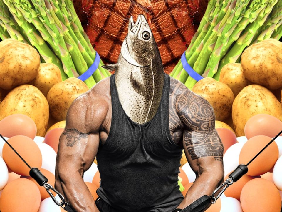 Collage of a muscular tattooed man in a tank top with a fish for a head, surrounded by eggs, potatoes, asparagus and steak