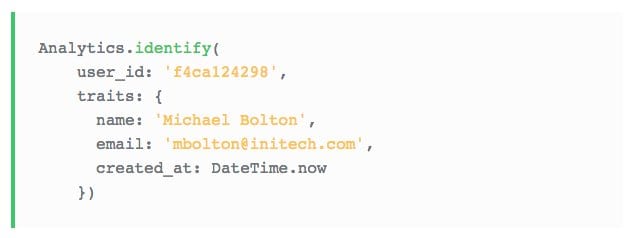 Segment code sample calling Analytics.identify with name Michael Bolton and email mbolton@initech.com