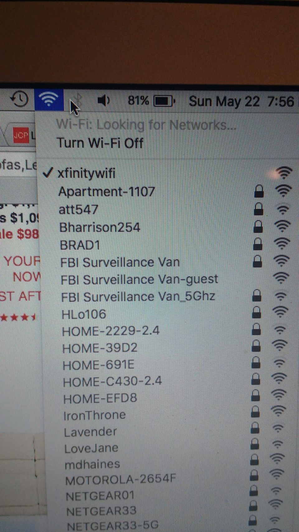 Mac Wi-Fi menu listing nearby networks including FBI Surveillance Van, FBI Surveillance Van-guest and IronThrone