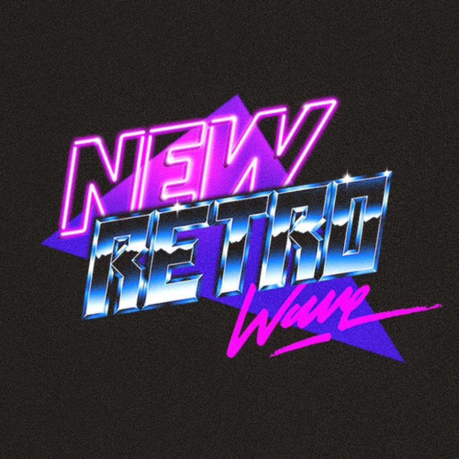 NewRetroWave logo in neon pink and chrome 1980s lettering over a purple triangle