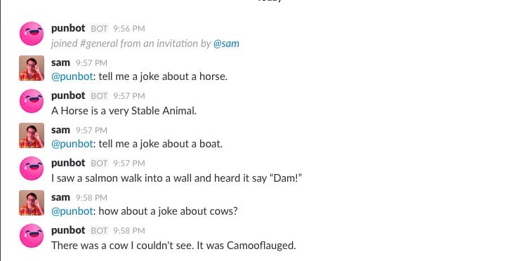 Slack thread where punbot answers horse, boat and cow joke requests with puns like A Horse is a very Stable Animal