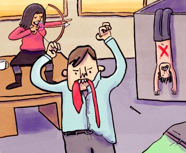 Cartoon office chaos with a man chewing his tie, a woman aiming a bow from a desk and a coworker hanging upside down