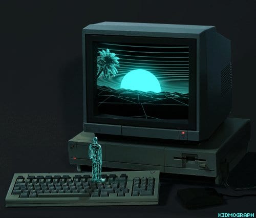 Retro beige computer glowing with a teal neon sunset and palm tree beside a holographic figure on the keyboard