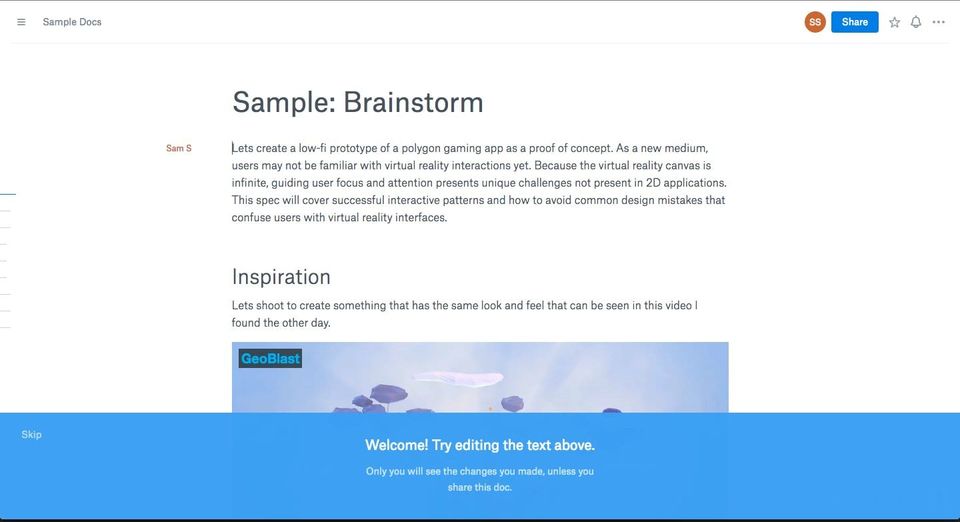Dropbox Paper doc titled Sample: Brainstorm with a banner reading Welcome! Try editing the text above