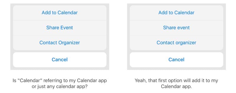 Two iOS action sheets comparing Add to Calendar and Share Event in title case against sentence case