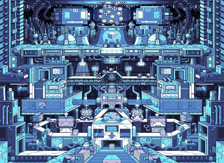 Blue pixel art factory with robots, conveyor belts, pipes and a Final Check station processing a glowing cube