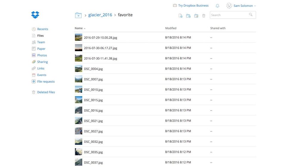 Dropbox web file list of photos in a glacier_2016 favorite folder with no select all checkbox