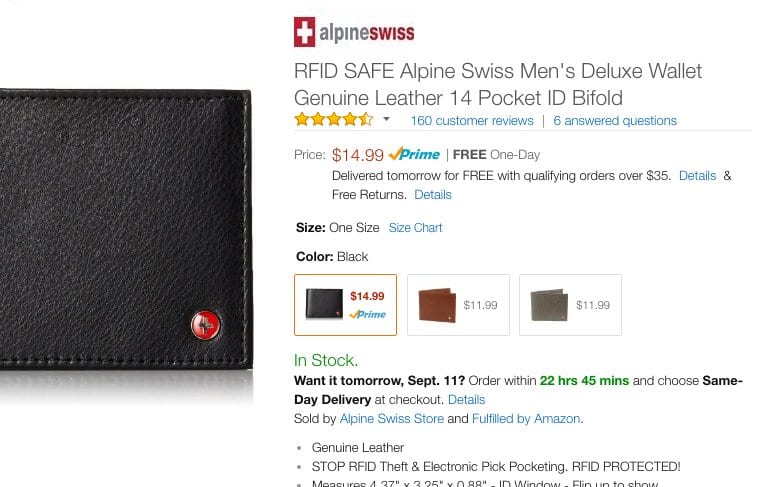 Amazon product page for an Alpine Swiss RFID leather wallet set in thin Helvetica Neue Light