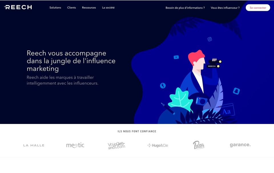 Reech homepage in deep navy with an illustration of a red-haired man with binoculars among jungle leaves