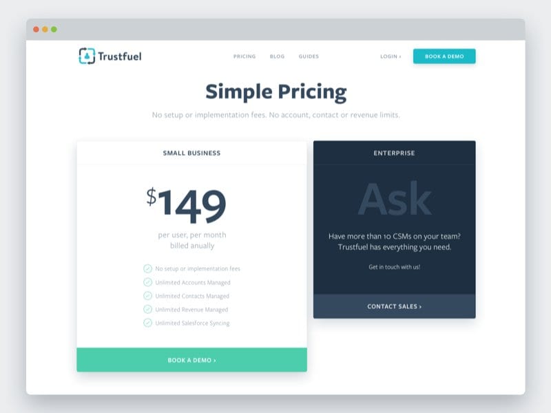 Trustfuel Simple Pricing page with a $149 per user Small Business plan and an Enterprise card reading Ask
