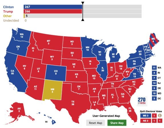 270toWin map with Clinton 267, Trump 266 and Other 5 as New Mexico is colored gold