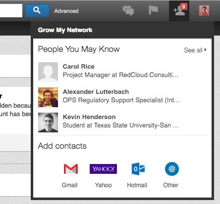 LinkedIn notification badge with 9 opening a Grow My Network menu of People You May Know suggestions
