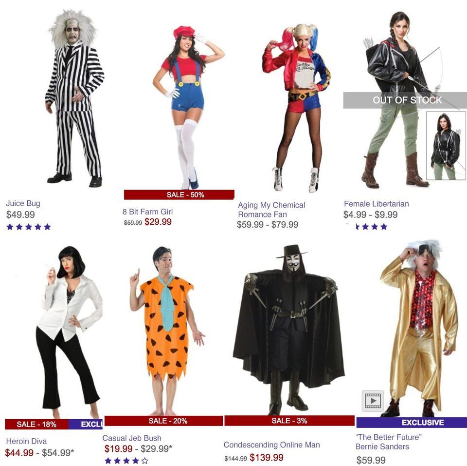 Knock-off Halloween costume listings including Juice Bug, Heroin Diva, Casual Jeb Bush and Condescending Online Man