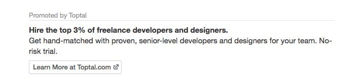 Quora ad Promoted by Toptal reading "Hire the top 3% of freelance developers and designers" with a Learn More button