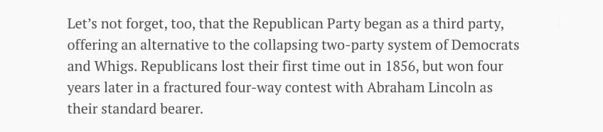 Article excerpt noting the Republican Party began as a third party and won in 1860 with Abraham Lincoln