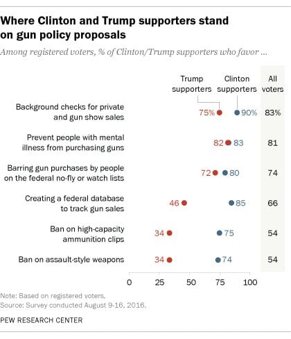 Pew chart of Clinton and Trump supporters on gun proposals, with 75% vs 34% backing a high-capacity clip ban