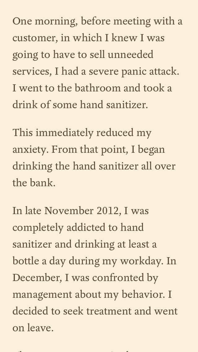 Article excerpt where a bank employee describes drinking hand sanitizer to ease panic attacks before selling services