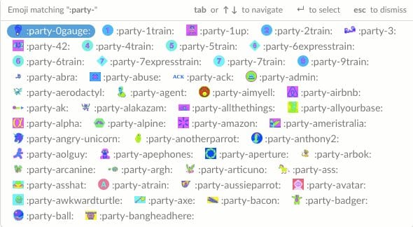 Slack emoji picker listing dozens of matches for :party- like party-parrot, party-airbnb and party-alpaca