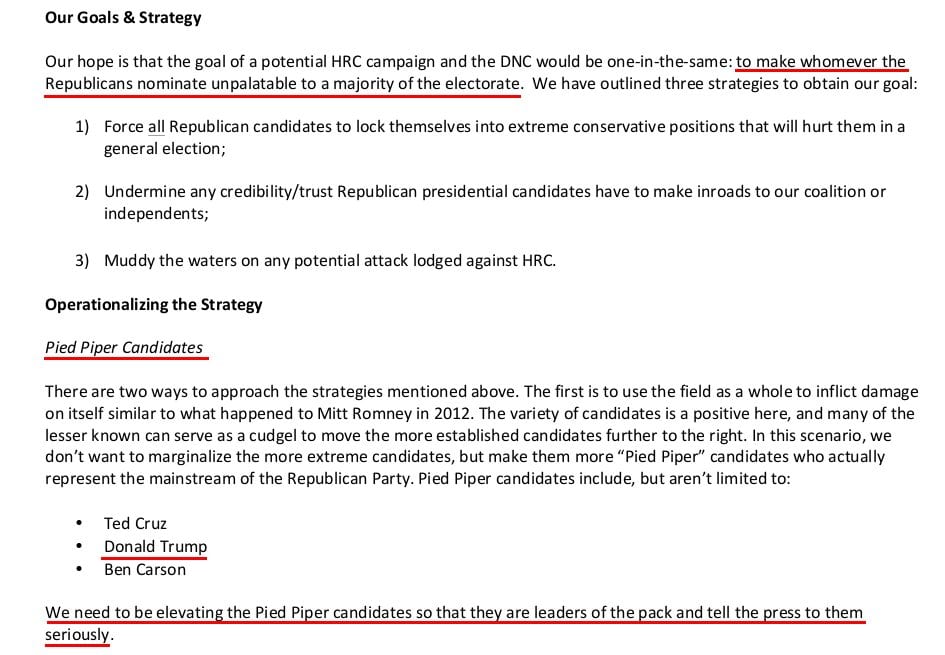 Leaked strategy memo with underlined lines about Pied Piper candidates including Donald Trump